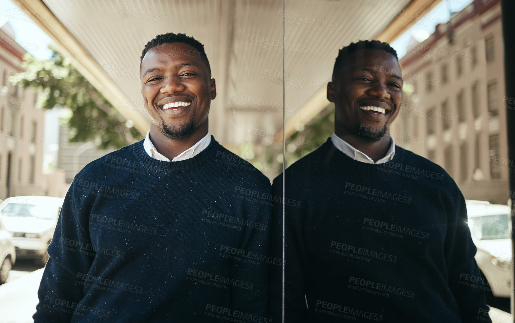 Buy stock photo Business man, mirror wall reflection and relax on travel to work in urban city portrait. Happy Manager, corporate worker with smile or employee working in finance, law or design going to company job