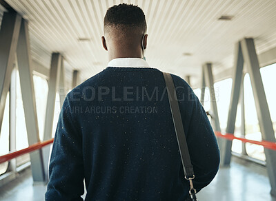 Buy stock photo Travel for business at airport, corporate worker walking to plane with luggage. Ceo work trips journey, boarding terminal and back portrait of stylish african business man leaving city