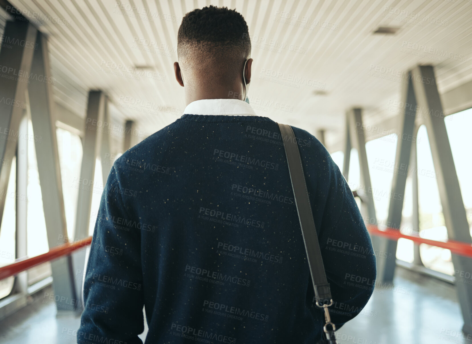 Buy stock photo Travel for business at airport, corporate worker walking to plane with luggage. Ceo work trips journey, boarding terminal and back portrait of stylish african business man leaving city