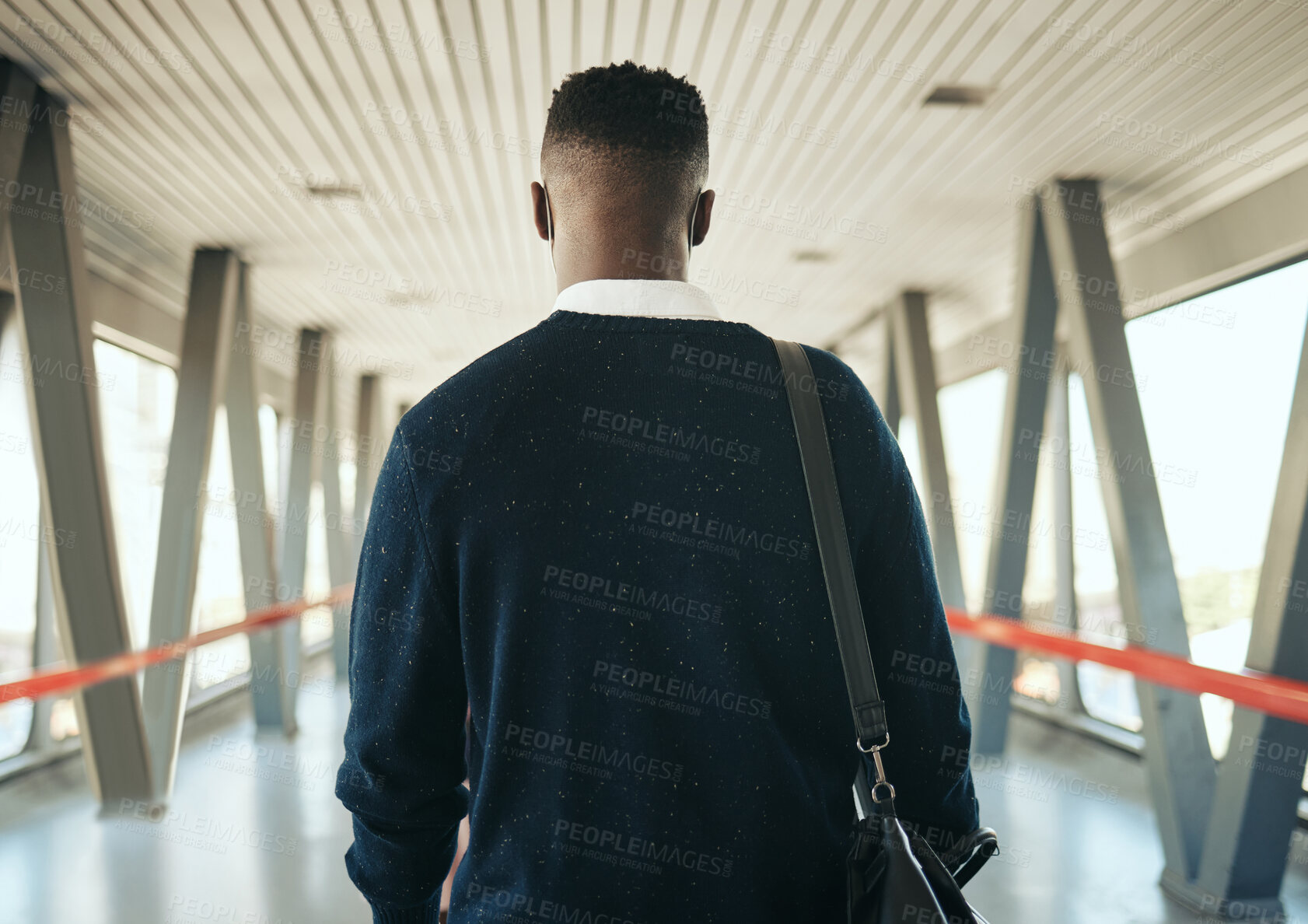 Buy stock photo Travel, vision and black business man taking trip to meeting or global networking seminar, rear view of entrepreneur at the airport. Young professional on mission to upskill and achieve career goals