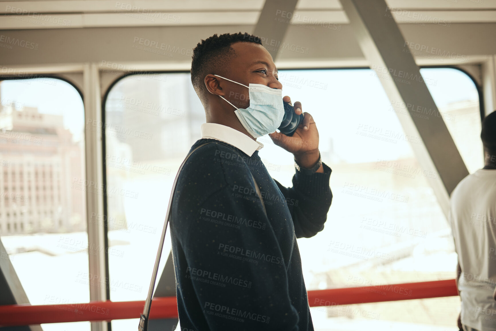 Buy stock photo Covid, face mask and working man on call while travelling to office. Pandemic regulations and safety while commuting in the city. Business person communication on phone with remote colleagues.