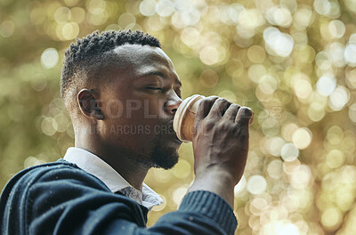 Buy stock photo Businessman with drink coffee cup in a park with trees, nature and bokeh background. Calm black man, corporate professional worker or employee on coffee break with espresso in the morning before work