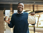 Business man with food and coffee in city, eating fast food during work and hungry at lunch time in urban town. Portrait of corporate worker with paper bag, tea for drink and working with smile