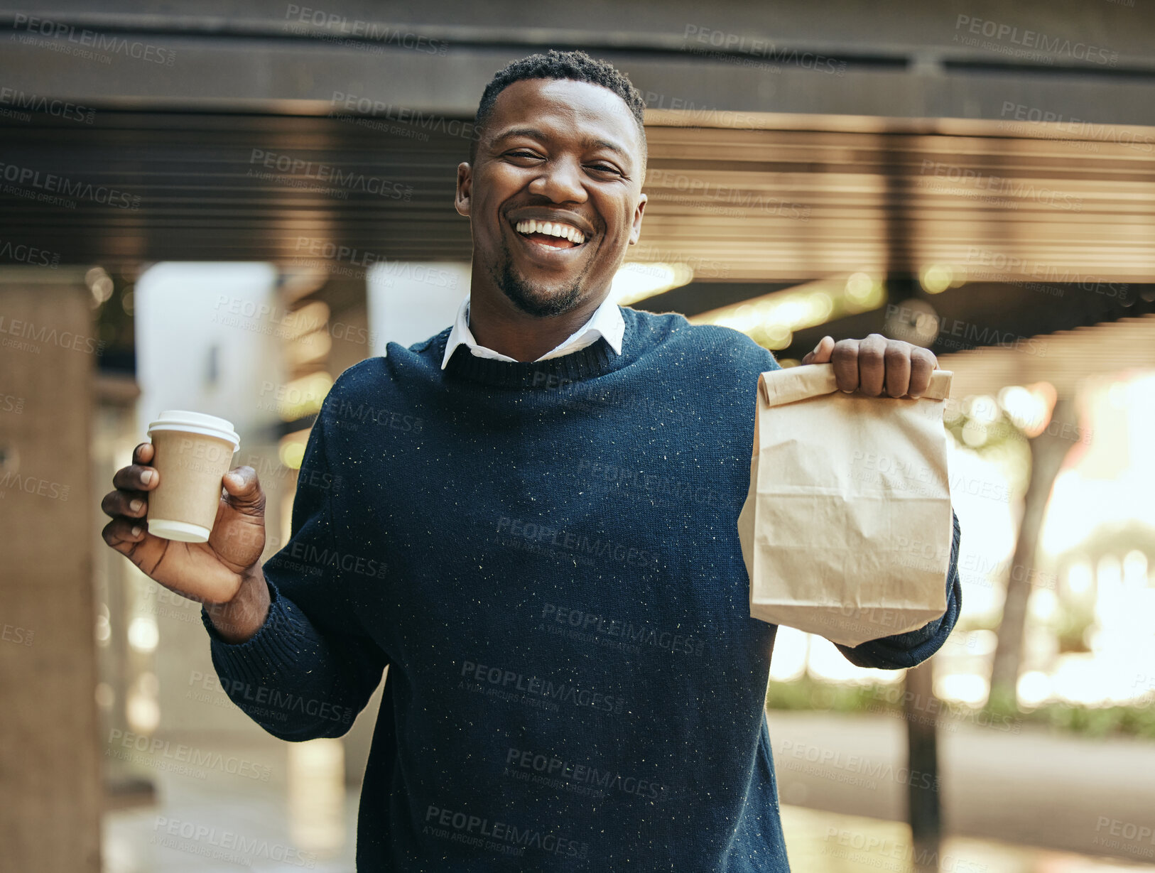 Buy stock photo Business man with food and coffee in city, eating fast food during work and hungry at lunch time in urban town. Portrait of corporate worker with paper bag, tea for drink and working with smile