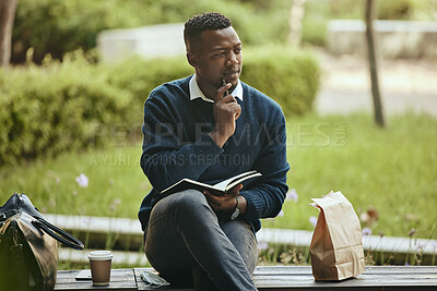 Buy stock photo Business man writing in paper book, thinking of creative idea in city and eating lunch in park after work. Employee, worker and corporate person working on schedule and planning strategy with food