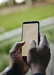 Digital phone and mockup space for screen looking at social media, internet or web content. Hands typing on a mock up display using mobile apps, 5g internet and online communication technology