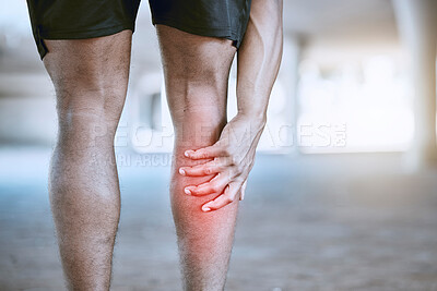 Buy stock photo Sports man hand on a leg injury while training, exercise or workout. Red graphic to identify muscle ache or pain in the body after running accident outdoor. Athlete hurt after cardio fitness routine