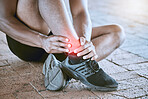 Runner with medical sports running injury and swollen ankle pain. Male athlete treating foot sprain, man with fitness training emergency and sore leg muscle from cardio workout with exercise shoes.