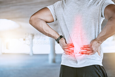 Buy stock photo Sports man with back pain or injury after a fitness workout or exercise training outdoor. Runner with hurt muscle after cardio fitness routine with red graphic highlight on the body or injured joint