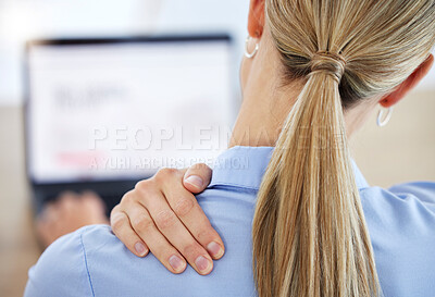 Buy stock photo Receptionist with neck pain, burnout and stress working on a laptop in her office. Woman clerk suffering from injury, muscle injury and fatigue. Secretary with tension and pressure for a work project