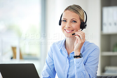 Buy stock photo Contact us, customer service and telemarketing call center agent using her laptop and headset in the office. Portrait of a woman at our sales help desk job, smile and working to tell you about us