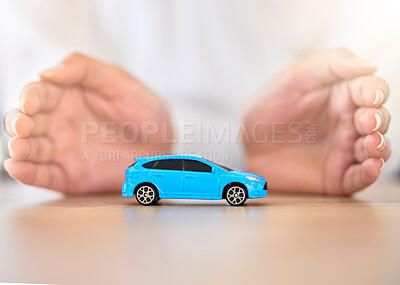 Buy stock photo Hands, car and insurance with a business employee covering transport with her hands in her company office. Finance, saving and transportation with a broker offering to secure your vehicle at work