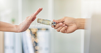 Buy stock photo Person refusing to accept a cash bribe payment from a corrupt financial business partner. Closeup of hands offended by illegal money being offered for a corporate deal by a company manager at work.