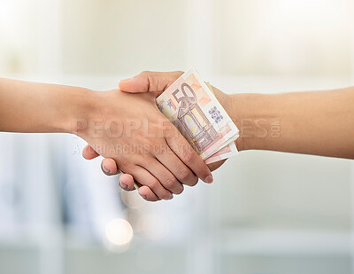 Buy stock photo Money exchange, deal or trade handshake of hands giving cash to a banker of a financial advisor. Hand with finance growth, investment profit or accounting savings fund of a b2b business partnership