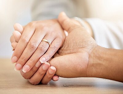 Buy stock photo Couple engagement with hands holding and presenting a diamond ring for a save the date announcement. Love, hope and trust between a man and woman with jewelry ready for a future wedding celebration