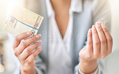 Buy stock photo Money, finance or cash and divorce, wedding or ring in the hands of a woman, bride or wife with a decision or choice. Family law with a female leaving a marriage for mental health and holding payment