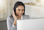 Call center agent or CRM business woman talking on phone with headset and computer offering client support and help. Contact us for telemarketing worker or customer service support consultant.