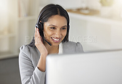 Buy stock photo Call center agent or CRM business woman talking on phone with headset and computer offering client support and help. Contact us for telemarketing worker or customer service support consultant.