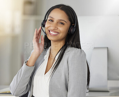 Buy stock photo Call center agent, sales consultant and customer service support operator with friendly help, good advice and communication. Portrait of smile woman consulting for crm, helpdesk and contact us agency