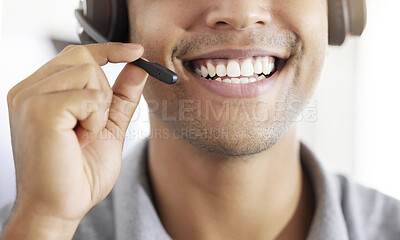 Buy stock photo Friednly call center, customer support or contact us employee working at telemarketing company. Closeup of happy crm worker or receptionist talking in headset in agency office