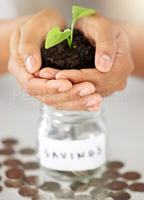 Buy stock photo Green economy hands and savings growth for investment, finance and future money goal. Closeup of financial advisor, bank employee and worker holding budget accountability on an insurance loan