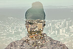 Woman, overlay and city with buildings, ocean and mountain in background. Silhouette, shadow and black woman with Cape Town, sea and architecture in backdrop for engineering, design or digital mockup