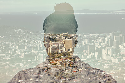 Buy stock photo Woman, overlay and city with buildings, ocean and mountain in background. Silhouette, shadow and black woman with Cape Town, sea and architecture in backdrop for engineering, design or digital mockup