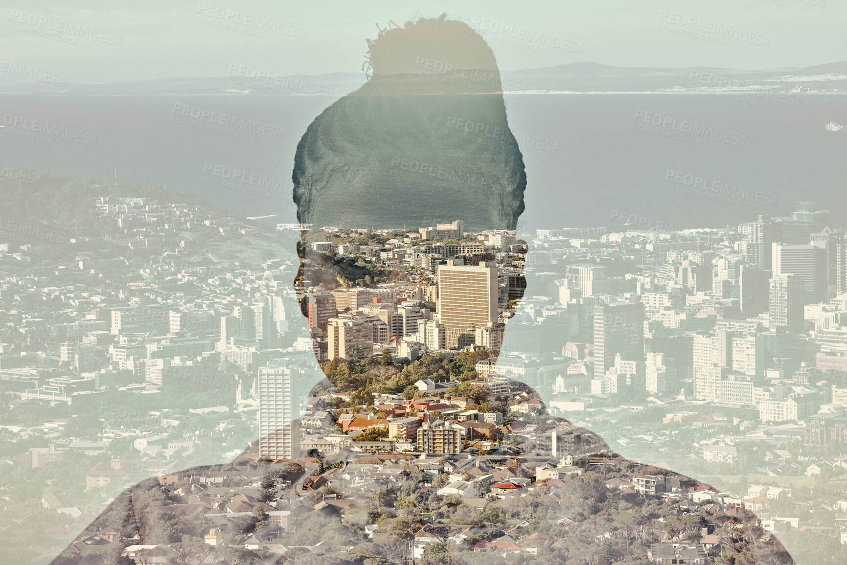 Buy stock photo Woman, overlay and city with buildings, ocean and mountain in background. Silhouette, shadow and black woman with Cape Town, sea and architecture in backdrop for engineering, design or digital mockup