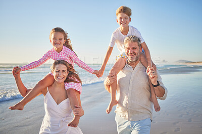 Buy stock photo Happy family walking on beach for outdoor wellness, holiday in summer sunshine with care, love and support on blue sky mock up, Healthy parents and children bonding in portrait for youth fun near sea