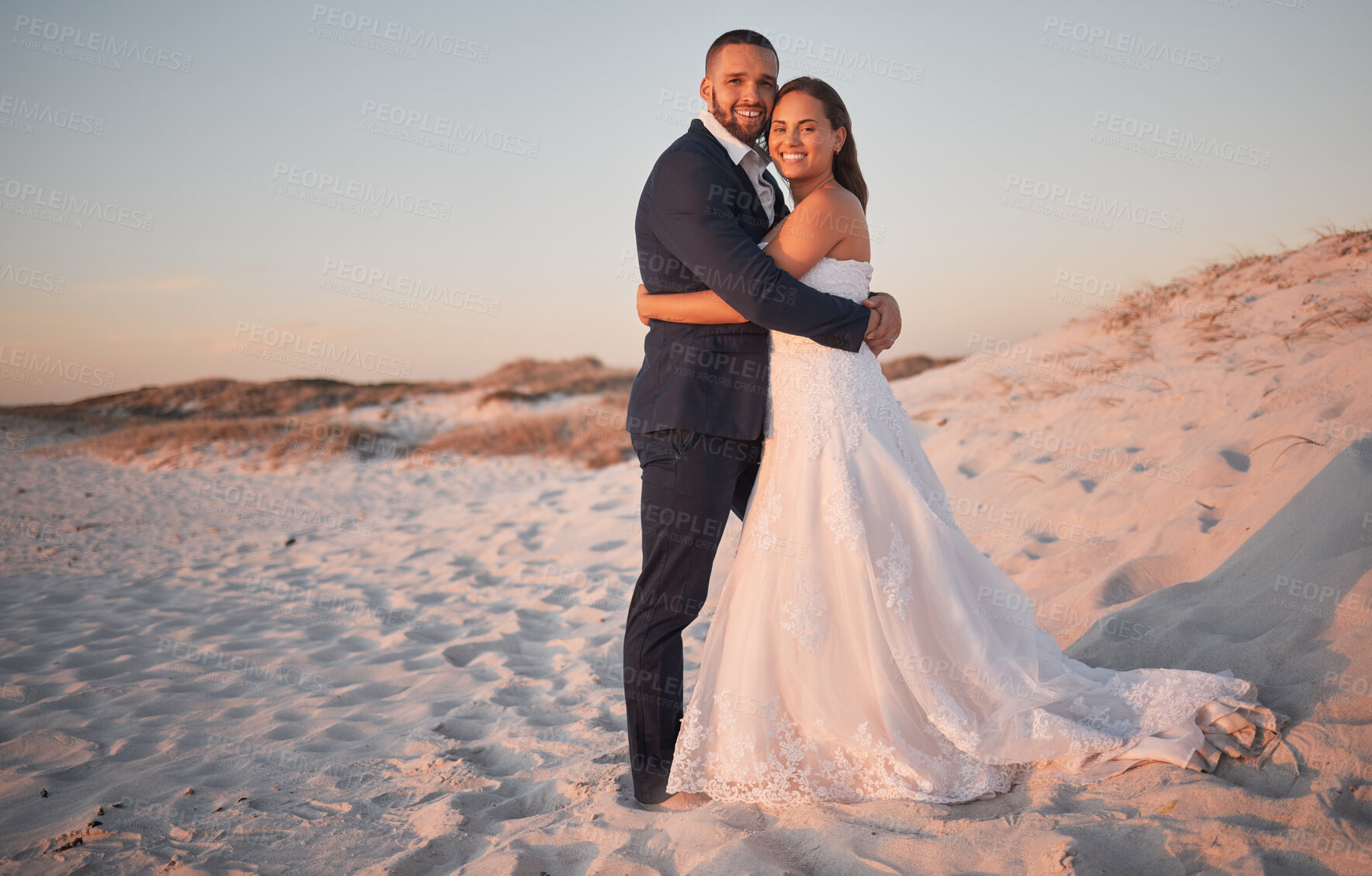 Buy stock photo Wedding, couple and bride with groom at a beach in Cancun, Mexico in celebration of love, trust and marriage. Smile, romance and happy woman hugging her partner enjoying a special day and commitment