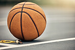 Basketball, sport and whistle with a ball on a court outside for fitness, exercise or sports training. Workout, health and game with no people at an empty venue for cardio and health lifestyle