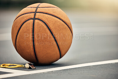 Buy stock photo Basketball, sport and whistle with a ball on a court outside for fitness, exercise or sports training. Workout, health and game with no one at an empty venue for cardio and health lifestyle