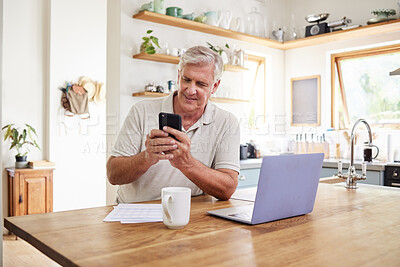 Buy stock photo Senior man, phone and retirement budget in home kitchen for digital banking application, investment planning and fintech savings. Elderly person smartphone investing, finance management and insurance