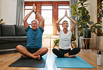 Senior couple, yoga meditation and namaste praying for zen health, spiritual training and living room home workout. Calm, relax and meditate elderly exercise, balance and peace in retirement wellness