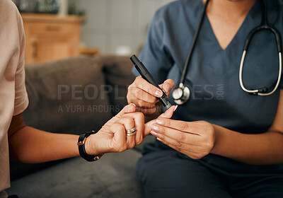 Buy stock photo Diabetes, hands of nurse and blood sugar test on patient finger in home visit. Health, healthcare and medical professional test senior diabetic woman insulin levels in house checkup for wellness.
 