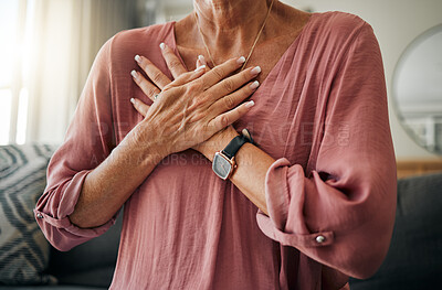 Buy stock photo Senior woman, hands or chest pain in heart attack, anxiety or panic in house or home living room. Zoom, stroke or cardiovascular emergency for sick retirement elderly or stress person in medical risk