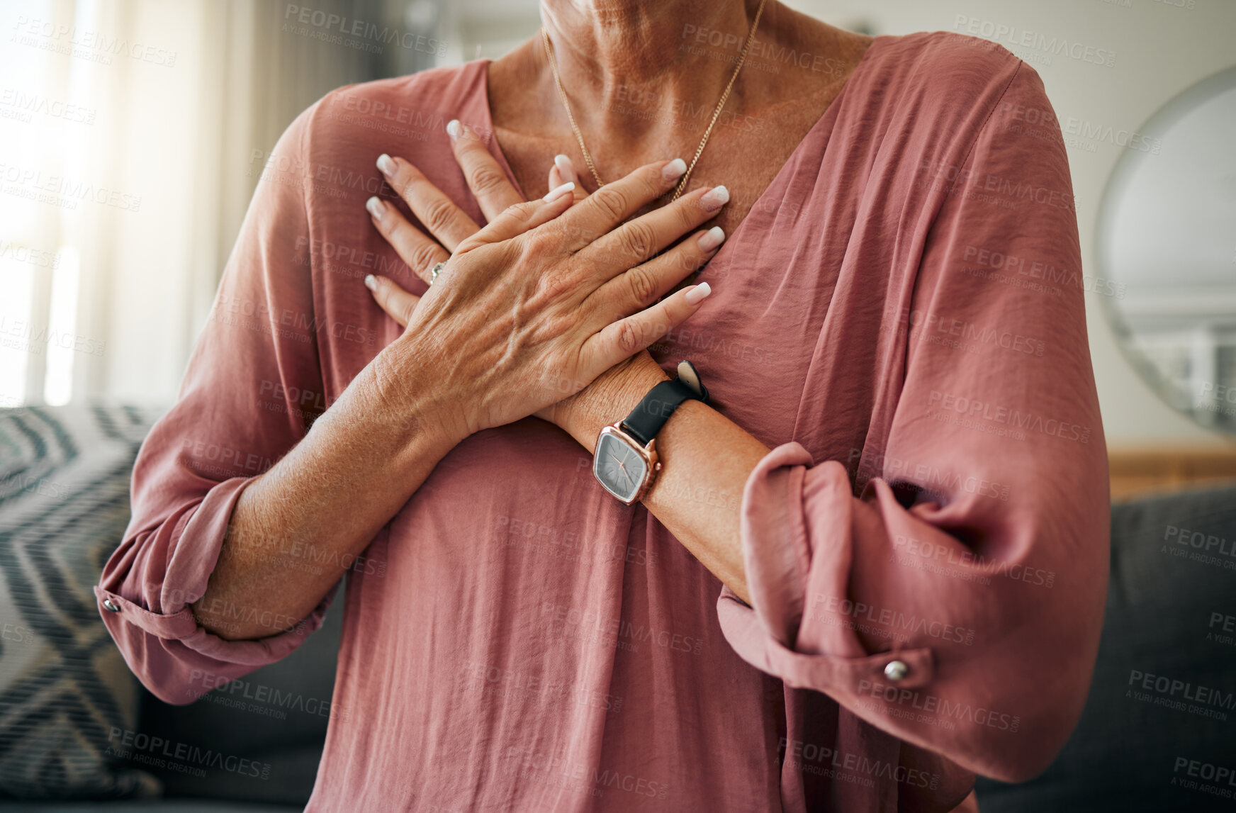 Buy stock photo Senior woman, hands or chest pain in heart attack, anxiety or panic in house or home living room. Zoom, stroke or cardiovascular emergency for sick retirement elderly or stress person in medical risk