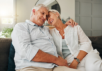 Buy stock photo Retirement couple, love and hug on sofa lounge for relaxing lifestyle in living room home together in Australia. Happy elderly man, senior woman and pension people with happiness in care relationship