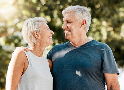 Buy stock photo Senior couple, laughing and bonding in fitness workout and garden training in Australian nature park. Happy smile, exercise or retirement elderly man or woman in trust, health mindset support or love