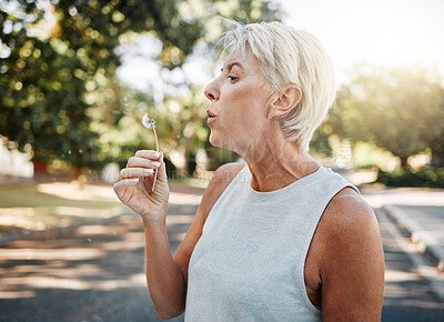 Buy stock photo Senior woman blowing dandelion flower outdoors for freedom, hope and spring allergies environment. Elderly retirement lady holding plant for wellness, healthy lifestyle and pollen allergy in nature