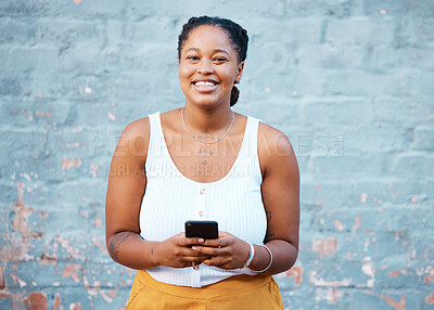 Buy stock photo Smartphone, social media and black woman with 5g networking, internet connection or online search on blue wall mockup. Happy african girl with cellphone and portrait for website app marketing mock up