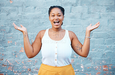 Buy stock photo Happy black woman, wow surprise and excited hands gesture with shocked smile for discount deal in Chicago city. Raise arms celebration, young success portrait on urban wall background for marketing
