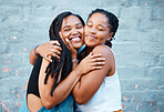 Happy, hug and black friends in the city while on summer vacation together in south africa. Happiness, smile and african women embracing, bonding and walking in the outdoor urban street on holiday.