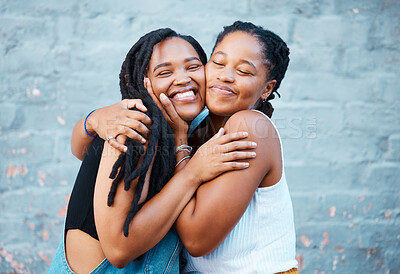 Buy stock photo Happy, hug and black friends in the city while on summer vacation together in south africa. Happiness, smile and african women embracing, bonding with affection on the urban street on holiday.