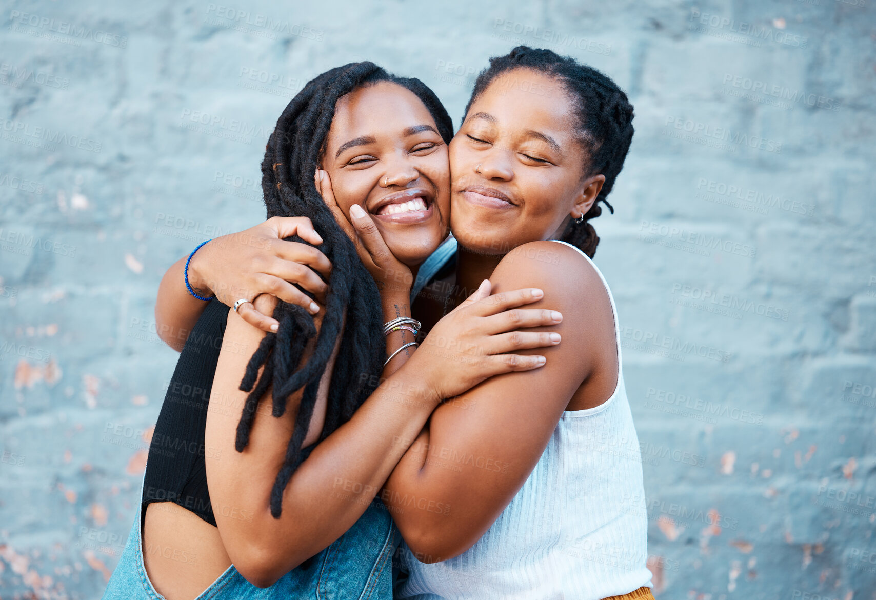 Buy stock photo Happy, hug and black friends in the city while on summer vacation together in south africa. Happiness, smile and african women embracing, bonding with affection on the urban street on holiday.