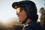 Safety, gear and motorcycle man with helmet and sunglasses in nature forest for outdoor adventure, travel or training with sky sunshine mockup. Happy, healthy sports person in the woods for exercise