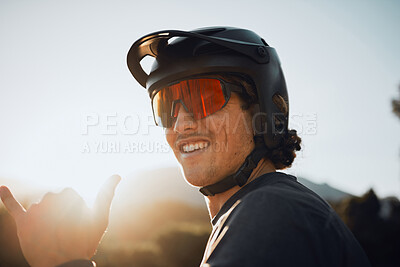 Buy stock photo Mountain bike, nature and man cycling for fitness training in the mountains of Peru during summer. Portrait of a sports person with glasses during adventure in the countryside and hands sign