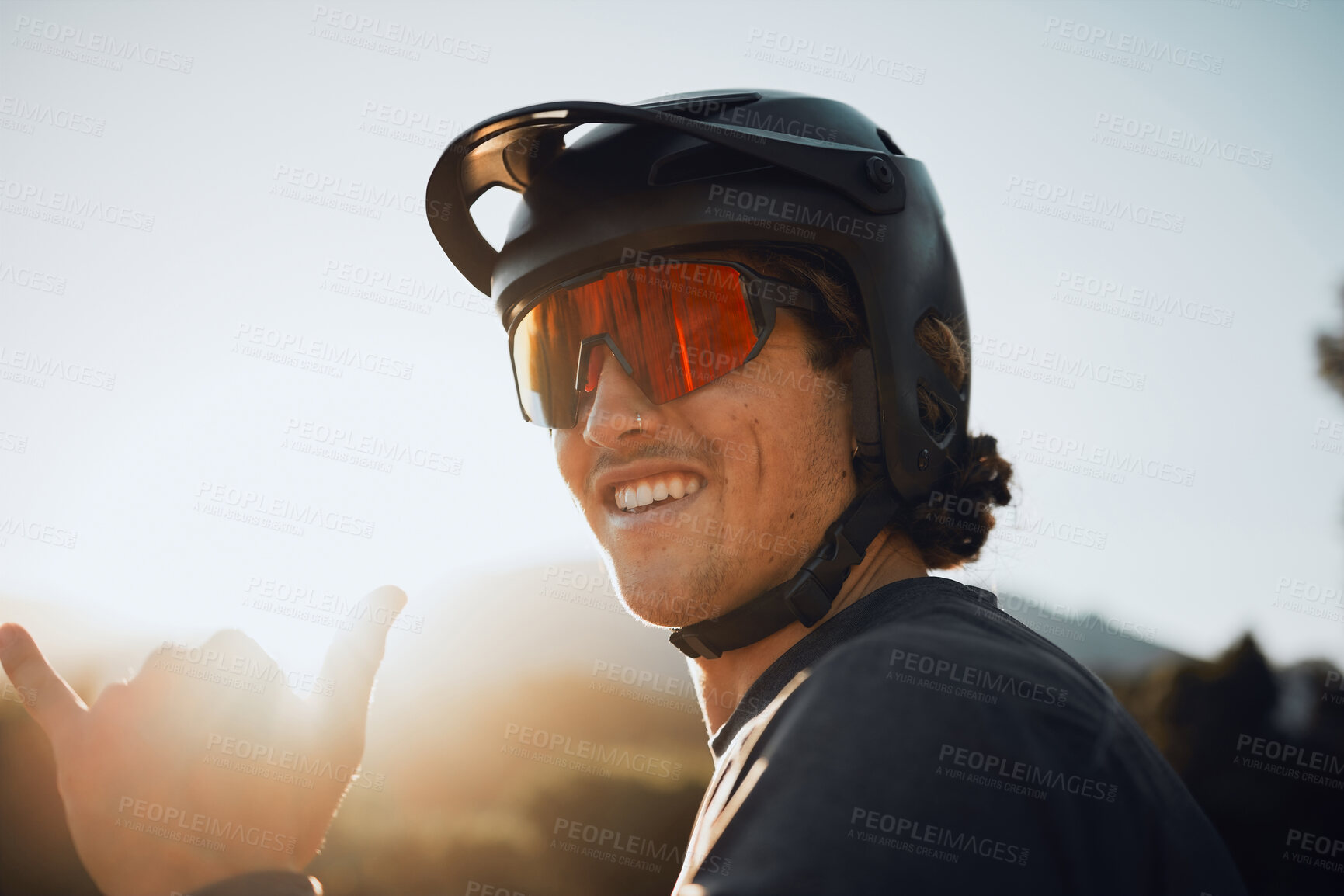 Buy stock photo Mountain bike, nature and man cycling for fitness training in the mountains of Peru during summer. Portrait of a sports person with glasses during adventure in the countryside and hands sign