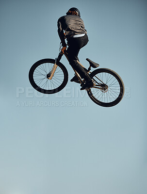 Buy stock photo Cycling, bicycle and man doing a sky jump trick for a sports freestyle competition, game or travel race. Air mockup, energy and mountain bike person doing exercise, workout or fun fitness training