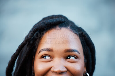 Buy stock photo Vision, idea and portrait of eyes of woman looking, thinking and a smile on face. Cropped headshot of happy black woman smiling with creative ideas. Mockup for wonder, student and mind of youth 